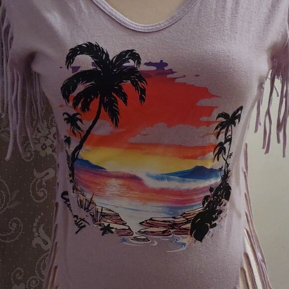 L'ourson Ocean City Women's M lilac‎ orange tropical crop top Fringe Hem Sleeve - Picture 2 of 6